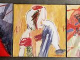 three paintings of a woman with a red umbrella and a man with a red umbrella