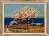 une peinture à l'huile représentant un arbre dans un champ près de l'océan