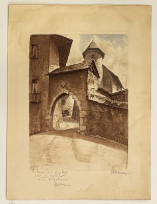 an old drawing of a building with a clock tower on top of it