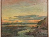 an oil painting of a sunset over a body of water