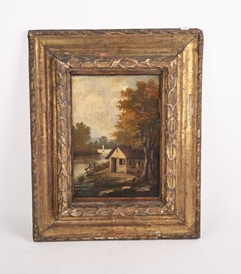 une peinture à l'huile représentant une scène de vie à la ferme, dans un cadre doré sur fond blanc