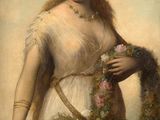 a painting of a woman in a white dress holding a wreath of flowers
