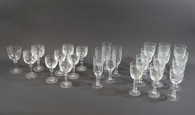 many empty wine glasses lined up on a table