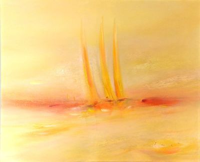 une peinture abstraite représentant trois voiliers naviguant sur l'océan