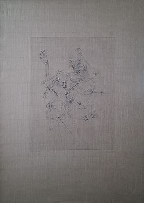 un dessin représentant un homme à cheval, sur lequel est dessiné un cheval