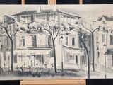 drawing of a house on a easel in front of a black background