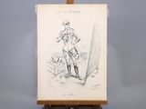 an old drawing of a woman standing in front of a easel