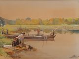 a painting of a man and a woman on a boat in the water