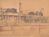 dessin d'un bâtiment surmonté d'une tour horloge