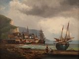 a painting of two ships in the water near a shore