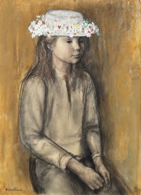 tableau représentant une jeune fille coiffée d'un chapeau blanc et ornée de fleurs sur la tête