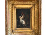 une image représentant un tableau d'une femme assise sur un cheval, dans un cadre doré