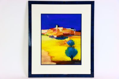 tableau représentant un arbre bleu dans un champ jaune, avec un ciel bleu en arrière-plan