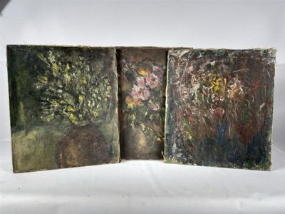 three paintings of flowers in a vase on a white surface