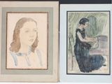 two paintings of a woman sitting at a piano and a woman sitting at a piano