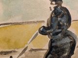 a painting of a woman walking a dog on a leash