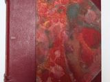 un gros plan sur un livre rouge à la couverture marbrée