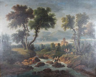 une peinture à l'huile représentant un paysage fluvial avec des personnages au premier plan