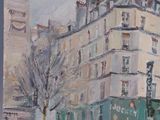 painting of a painting of a building in a city with people walking on the sidewalk