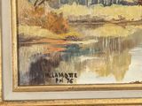 an oil painting of a river with trees in the background