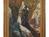 an oil painting of a woman sitting under a tree in a park