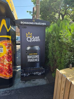 un distributeur automatique sur lequel est posée une pizza, à côté d'une poubelle