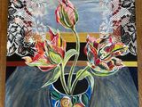 a painting of three tulips in a vase on a table