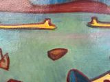a painting of boats floating in the water on the water