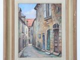 an oil painting of a narrow street in a small town