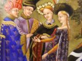 an image of a painting of a group of people standing in front of a building