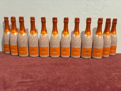 six bottles of champagne lined up in a row on a table