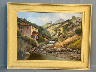 une peinture à l'huile représentant une rivière qui traverse une vallée, avec une maison en arrière-plan