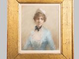 an old picture of a woman in a blue dress in a gold frame