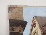 a painting on the wall of a building with a clock tower in the background