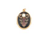 a gold and enamel locke with a pearl and garnett