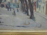 a painting of a street scene with people walking down the street