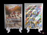 two pokemon cards on display on a black background