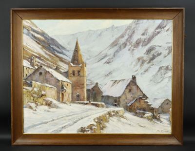 une image représentant un tableau d'une église sous la neige
