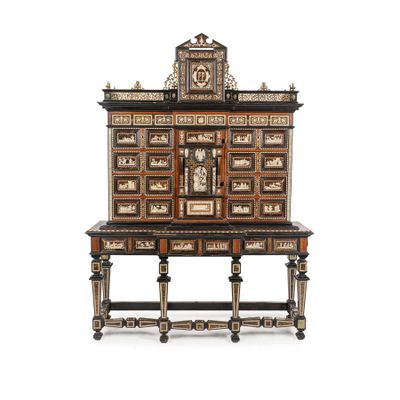 an antique wooden cabinet with a clock on top of it