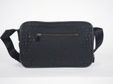 a black cross body bag with a zipper on the front