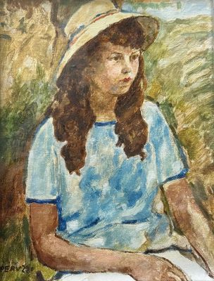 painting of a woman sitting in a field with a hat on