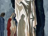 un tableau représentant une femme debout devant une statue