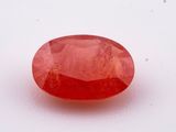 a close up of a red oval stone on a white surface