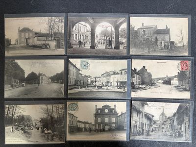 several old black and white photographs of a street and buildings