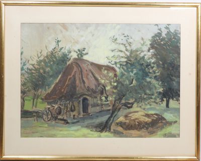 painting of a thatched house in a field with a horse drawn carriage