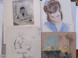 many drawings of a woman sitting on a table