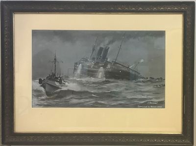 tableau représentant un navire en pleine mer agitée, avec un petit bateau au premier plan