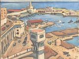 painting of a view of a harbor with boats in the water