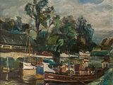peinture représentant un bateau sur un plan d'eau près d'un pont