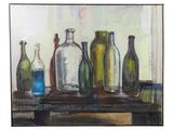 a painting of a group of bottles sitting on a shelf